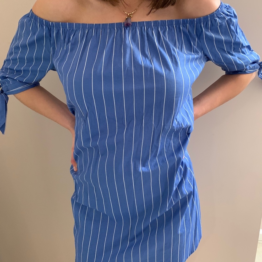 M Blue & White Stripped Off the shoulder Dress